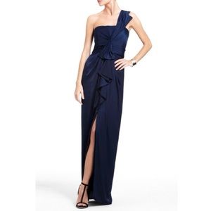 BCBGMaxazria Single Strap Satin Drape Maxi Dress
